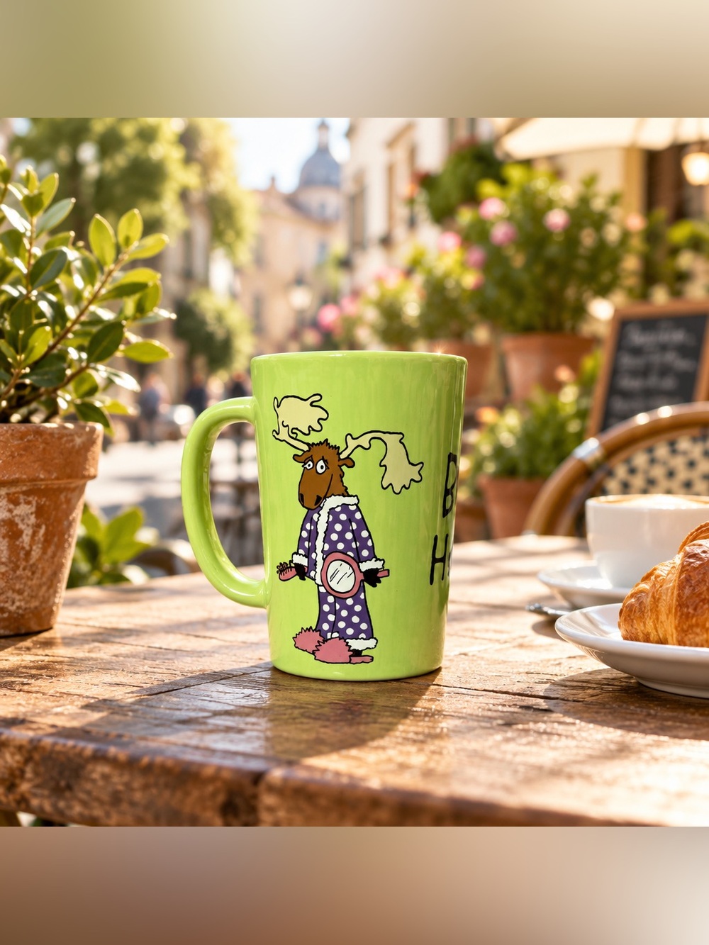 “Bed Head” Moose Graphic Novelty Coffee Tea Mug 2009 By Lazy One Lime/Pink
